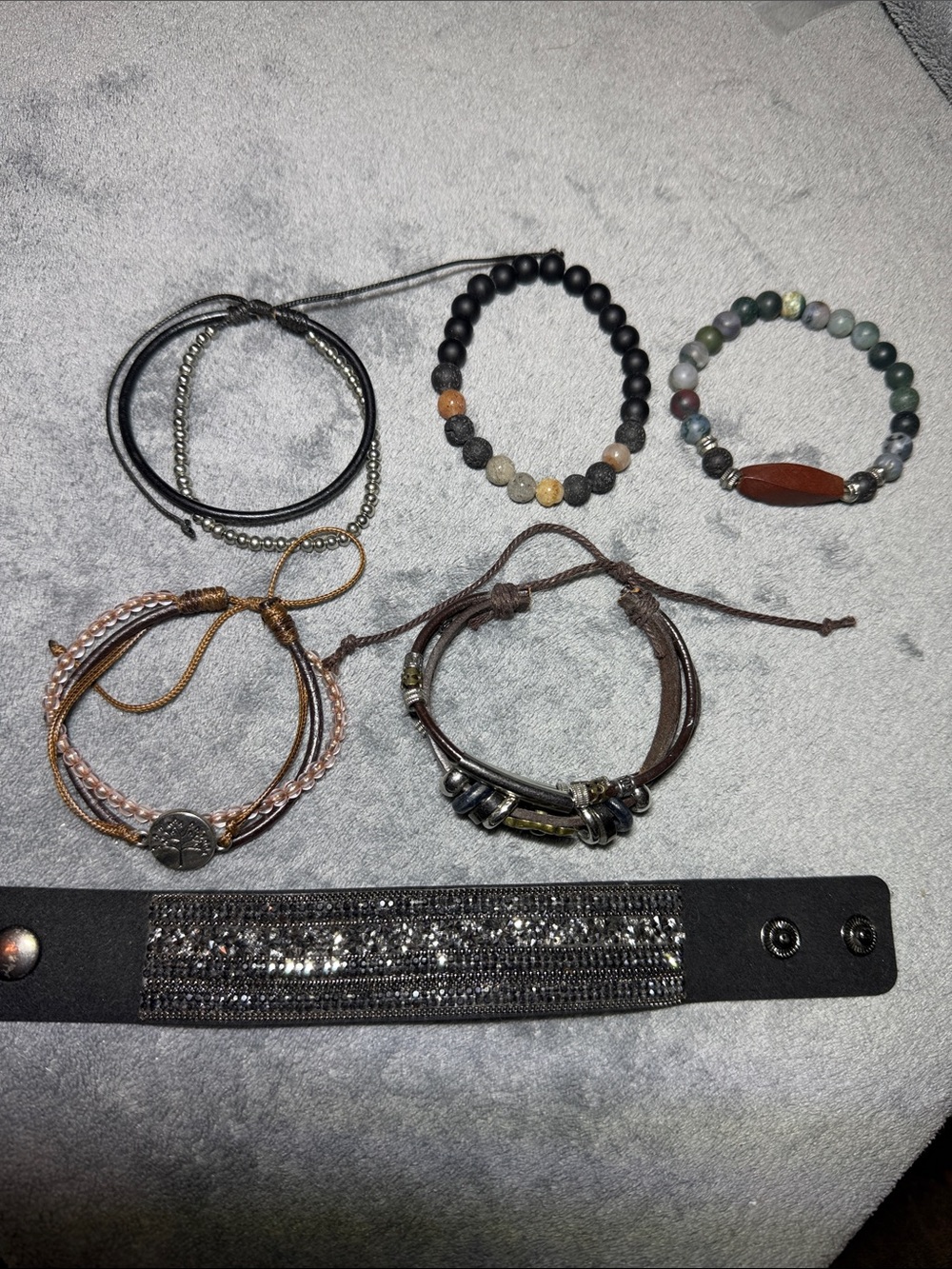 Mixed Bracelet Set — Beaded, Leather, and Snap Cuff in Black, Brown, Green